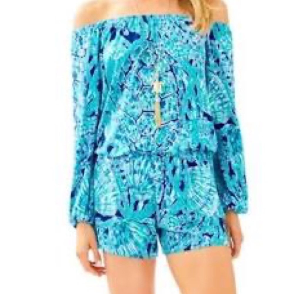 Lilly Pulitzer Lana Romper XXS Tortuga Time EUC Off Shoulder - Picture 1 of 14